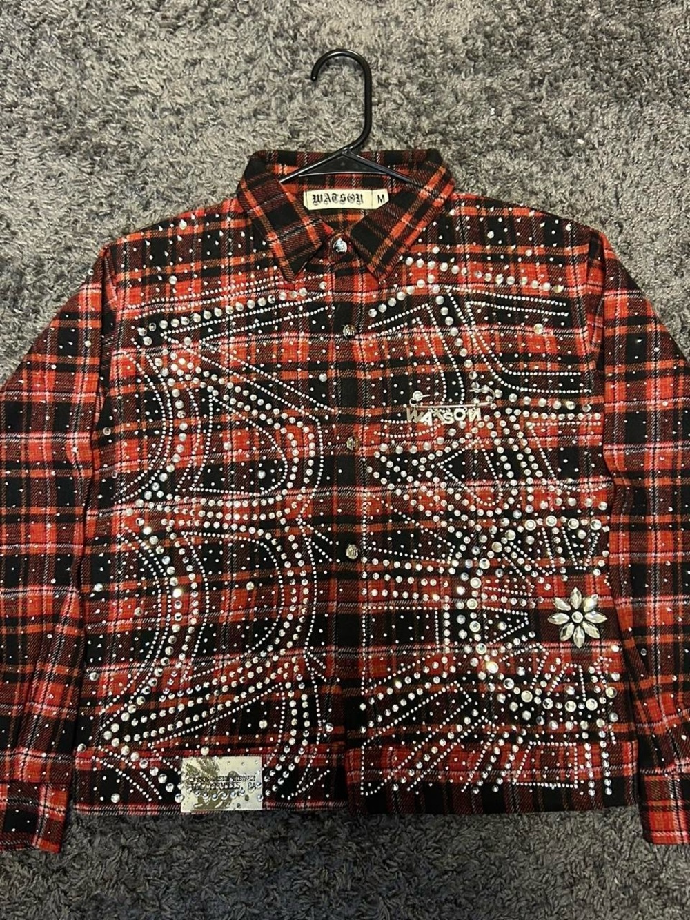 Embellished Red & Black Plaid Button-Up Jacket